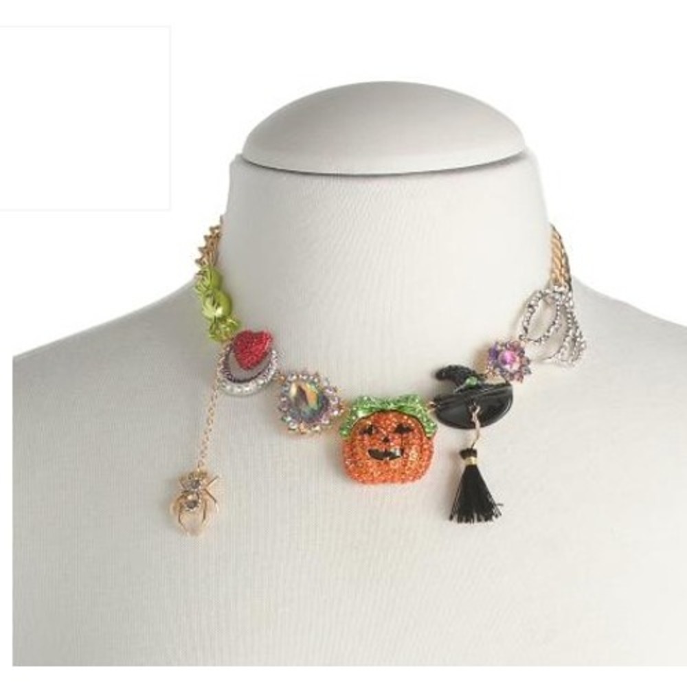 Betsey Johnson Halloween Charm Link Necklace Spooky Kitsch Pumpkin Spider Witch - Picture 2 of 6